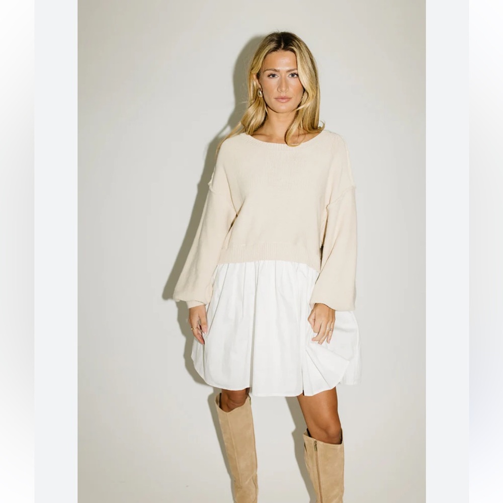 NWT Zoco Wells Sweater Dress Light Tan Sweater with White Skirt. - Picture 2 of 6